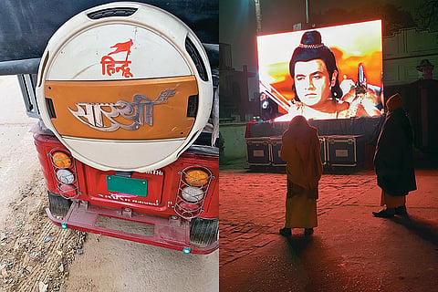 All-pervasive: Back of an e-rickshaw at Ram Path; The TV serial Ramayan being telecast outside Kanak Mandir in Ayodhya
