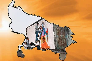 Mural of Ram and Hanuman being painted on a building on the banks of the Saryu in Ayodhya