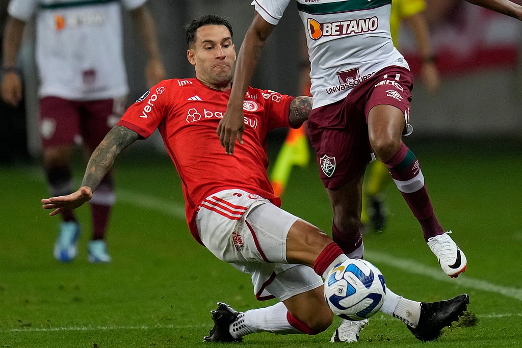 AP/Andre Penner : File photo of Hugo Mallo of Brazil's Internacional battling for the ball during a Copa Libertadores semi-final second leg football match at Beira Rio stadium in Porto Alegre, Brazil, on October 4, 2023