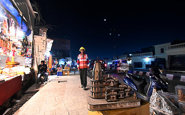 Getty Images : A replica of Ram temple being sold at a shop in Ayodhya, Uttar Pradesh.