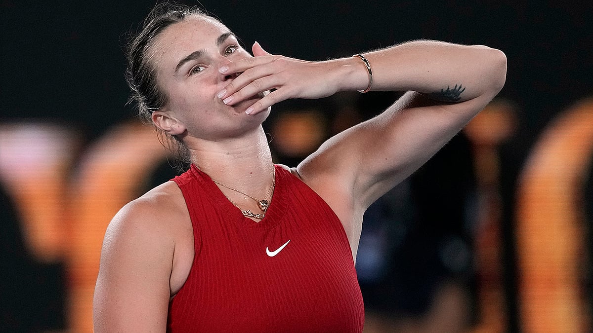 | Photo: AP/Alessandra Tarantino : Tennis star Aryna Sabalenka reacts after winning a match.