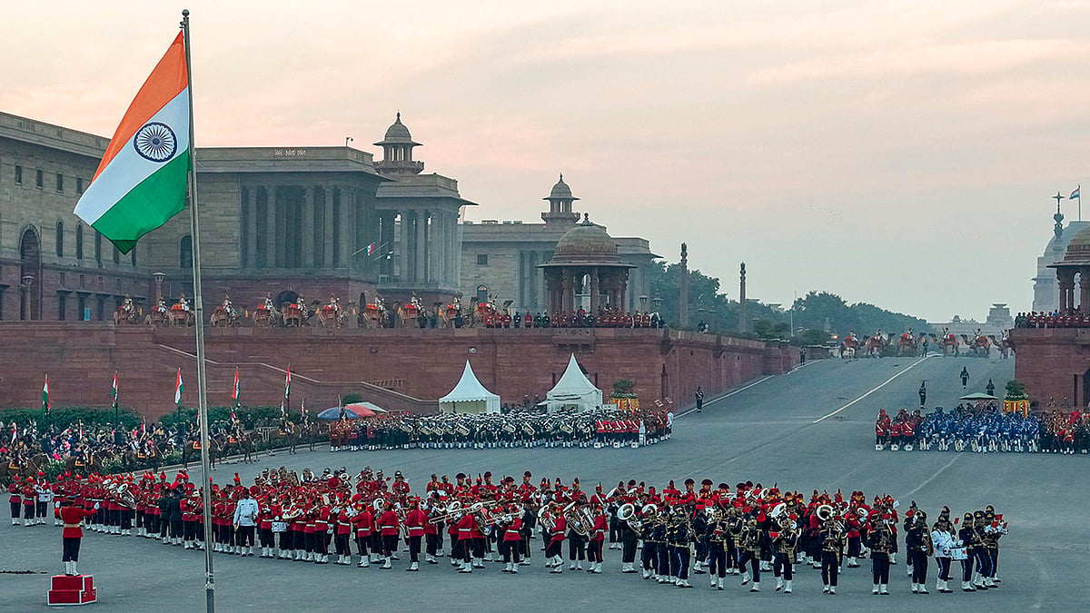 Tri-service Bands And Camel-Mounted BSF Personnel Rehearse For Beating Retreat Ceremony In New Delhi