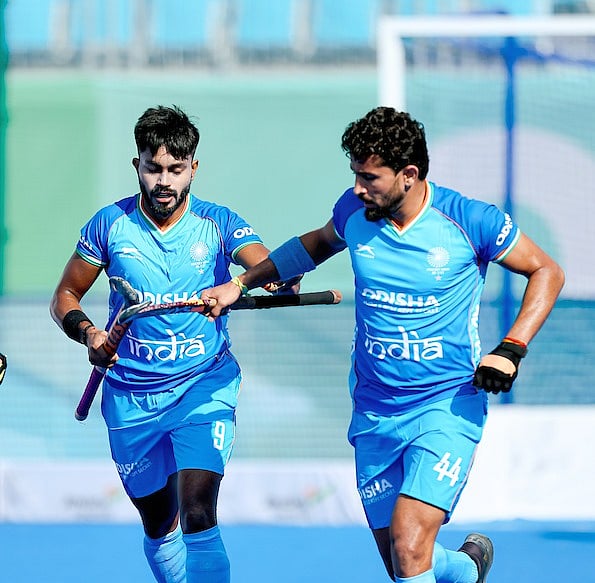 X/ @TheHockeyIndia : India hockey players during their match against Netherlands in FIH Men's Hockey5s World Cup 2024