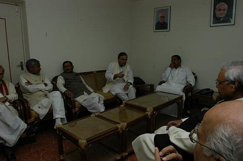 Nitish Kumar, Sharad Yadav, Arun Jaitley, Venkaiah Naidu, Atal Bihari Vajpayee at a meeting of the Bharatiya Janata Party (BJP) leaders.