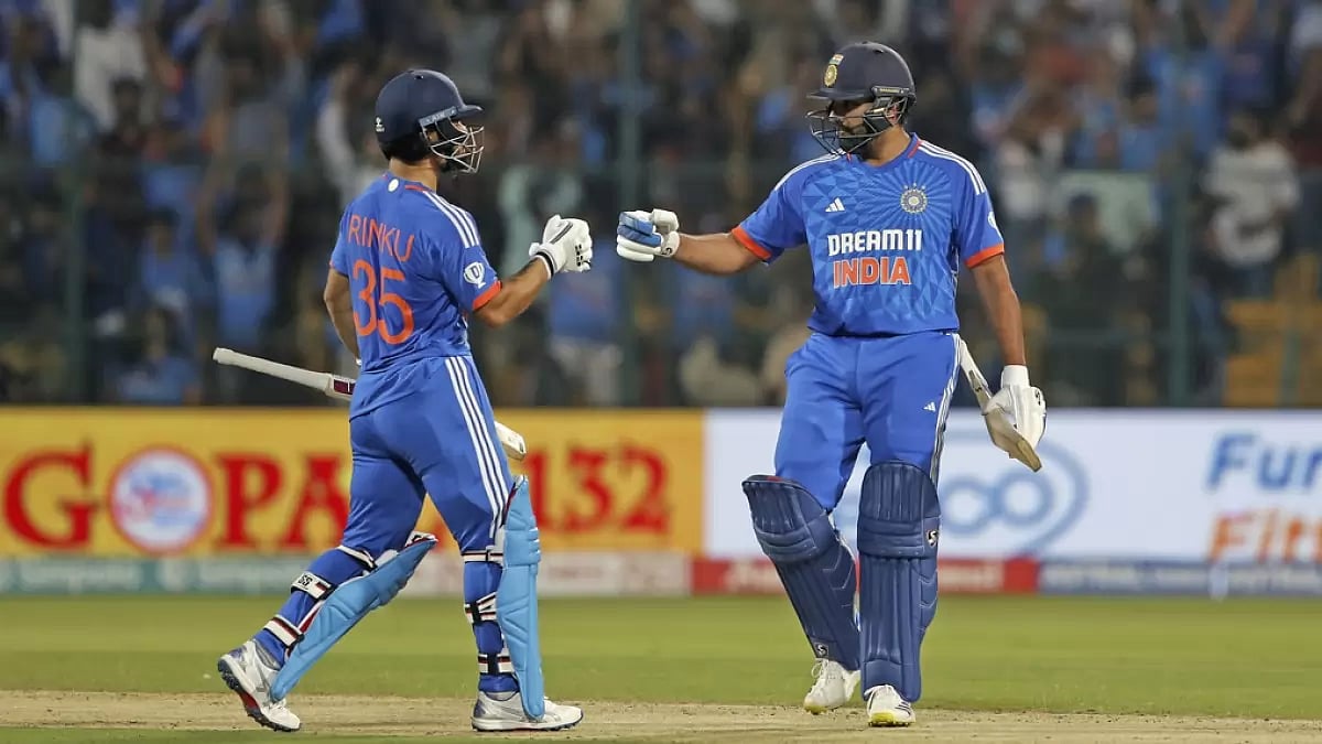 AP : Rohit Sharma and Rinku Singh batting together in the 3rd T20I against Afghanistan in Bengaluru 
