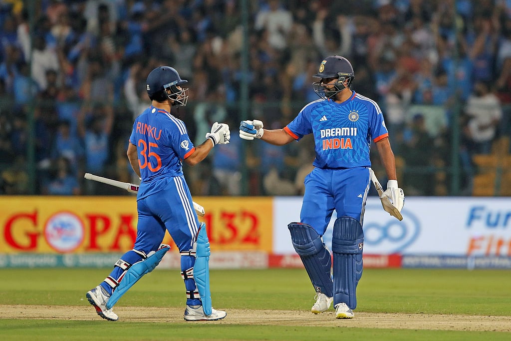AP : Rohit Sharma and Rinku Singh batting together in the 3rd T20I against Afghanistan in Bengaluru
