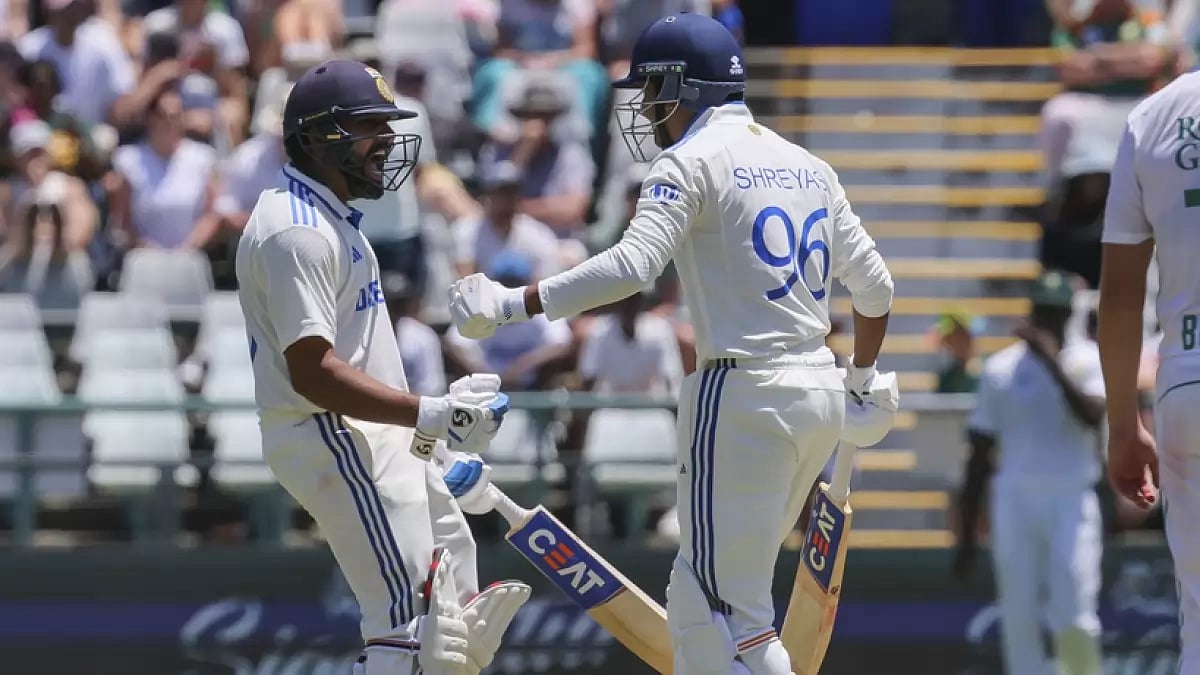 (AP Photo/Halden Krog) : Rohit Sharma and Shreyas Iyer of team India 
