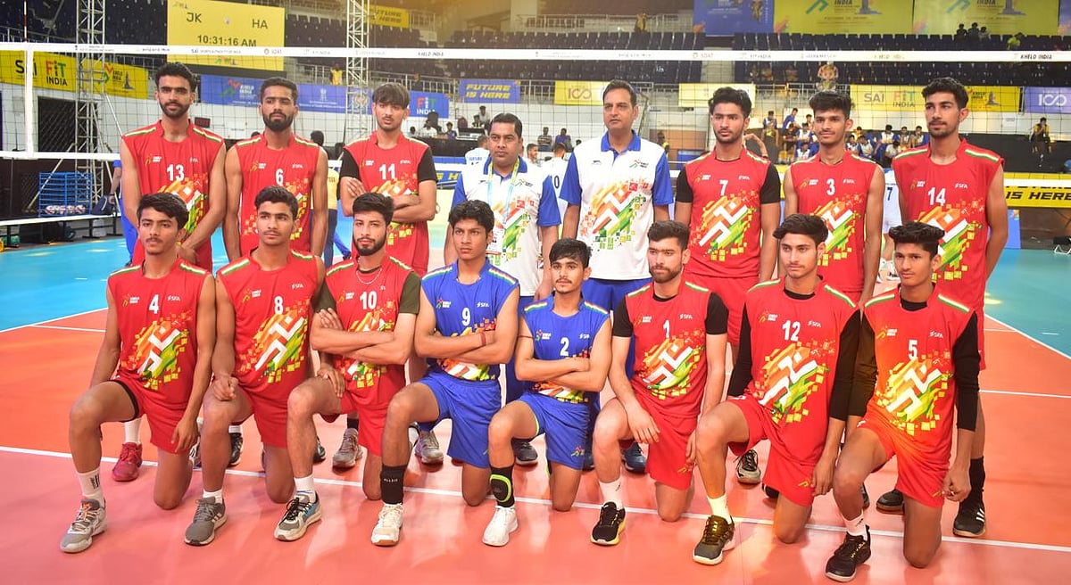 Photo: SAI : The Jammu and Kashmir players after their win against defending Khelo India Youth Games volleyball champions Haryana at the Jawaharlal Indoor Stadium in Chennai.