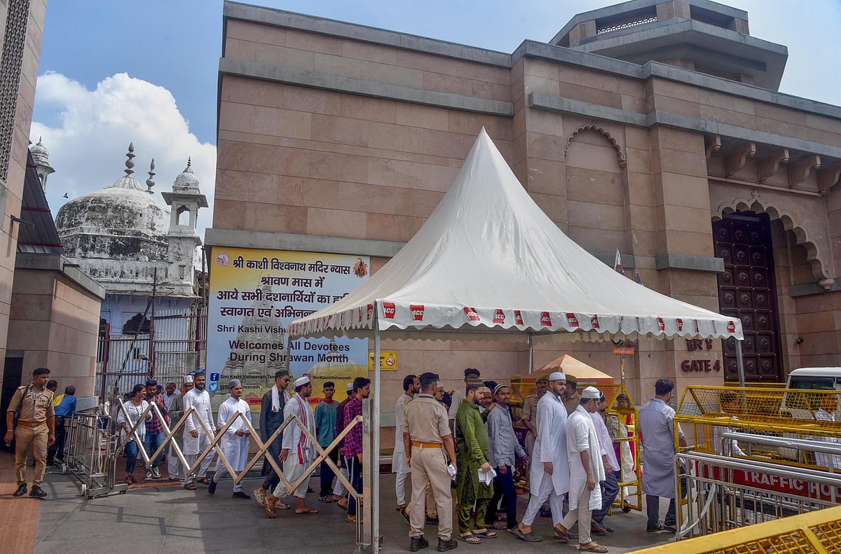 -PTI Photo : Muslims come out of the Gyanvapi mosque after offering prayers amid tight security. Representational Photo |