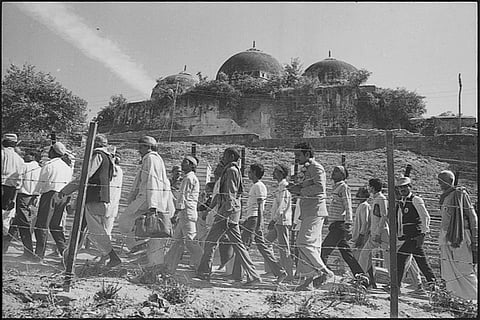 Pilgrims take a Parikarma of displayed Babri Masjid and Ram Janm bhoomi at Ayodhya in 1989