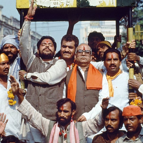 Hindu activists from the Bharatiya Janata Party, BJP, show their support for a march on the Babri Mosque, October 29, 1990
