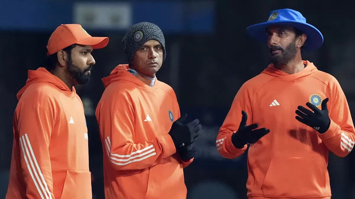 PTI : (from L to R) India captain Rohit Sharma along with head coach Rahul Dravid and batting coach Vikram Rathour at a practice session in Mohali ahead of the first T20I against Afghanistan.