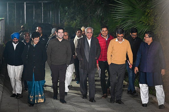 Getty Images : INDIA Alliance members of AAP and Congress party comes out after a meeting to discuss seat-sharing