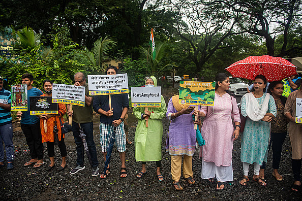 Protestors hold banners during the Save Aarey Movement in Mumbai - Pratik Chorge/Hindustan Times via Getty Images