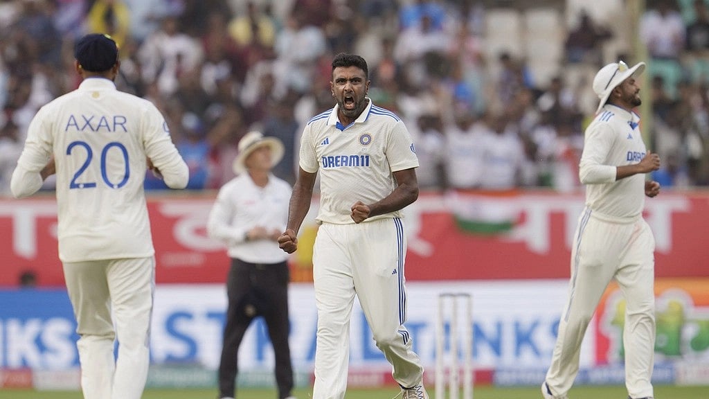 AP Photo/Manish Swarup : India's Ravichandran Ashwin celebrates the wicket of England's Ben Duckett on the third day of the second Test in Visakhapatnam.