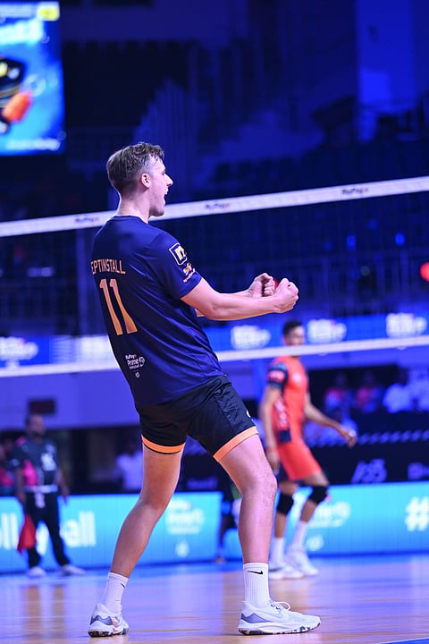 Australia's Thomas Heptinstall in action for Bengaluru Torpedoes during the Prime Volleyball League 2024 in Chennai.
