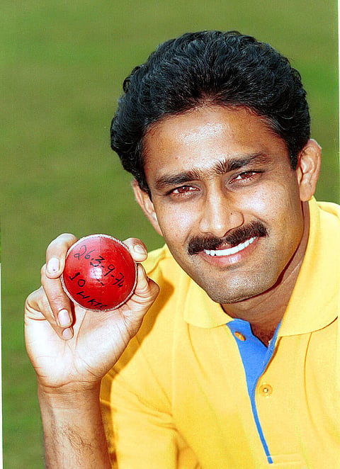 Former India captain Anil Kumble with the match ball that fetched him a record 10 wickets in the fourth innings of the second Test against Pakistan in Delhi on February 7, 1999.