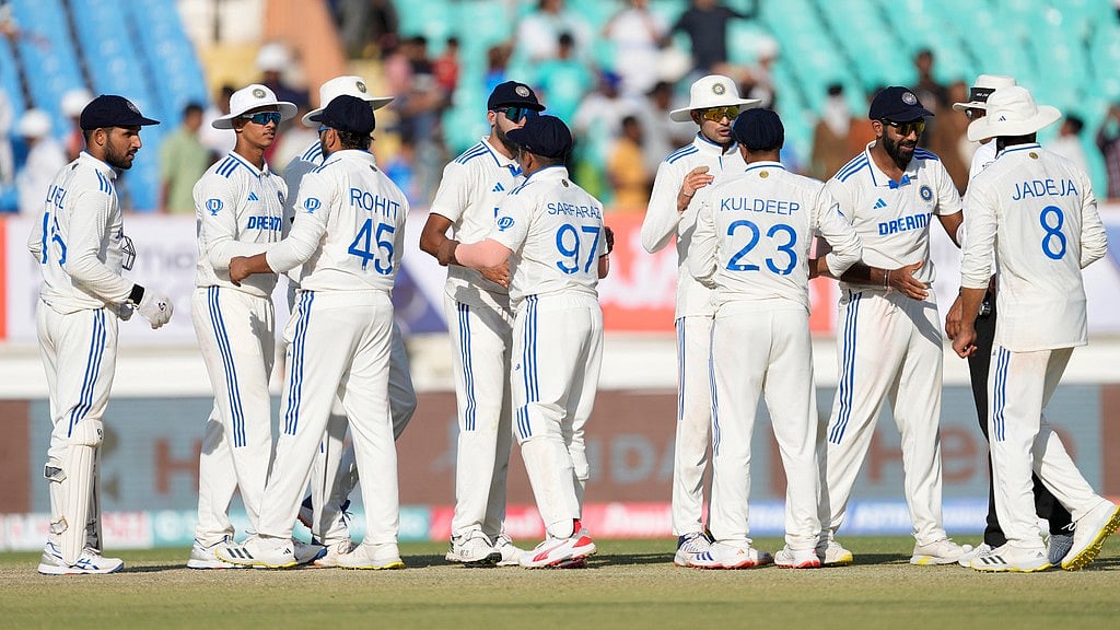 AP/Ajit Solanki : India's players celebrate after winning the third cricket Test match against England in Rajkot on Sunday, February 18, 2024.