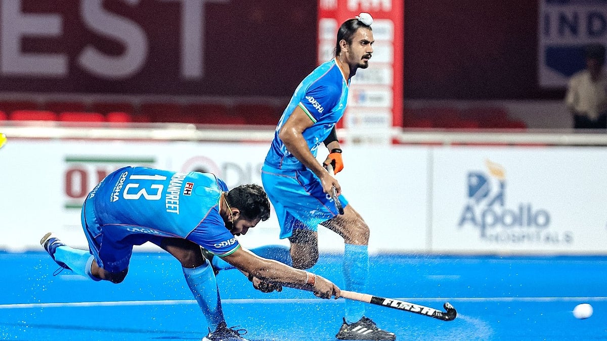 Hockey India : Captain Harmanpreet Singh takes a drag flick during the India vs Australia match at the FIH Pro League 2023-24 in Bhubaneswar on Thursday, February 15.