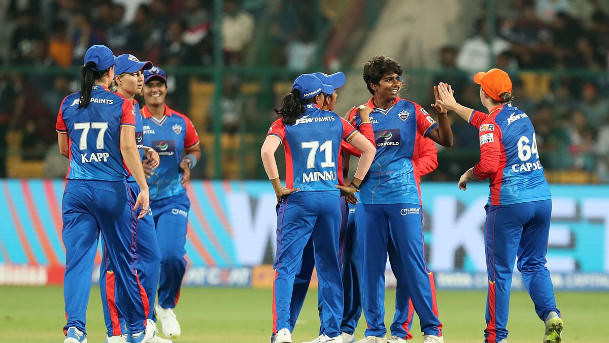 Delhi Capitals players celebrating a wicket of Royal Challengers Bangalore in WPL 2024 ON Thursday. - Photo: X/ @wplt20