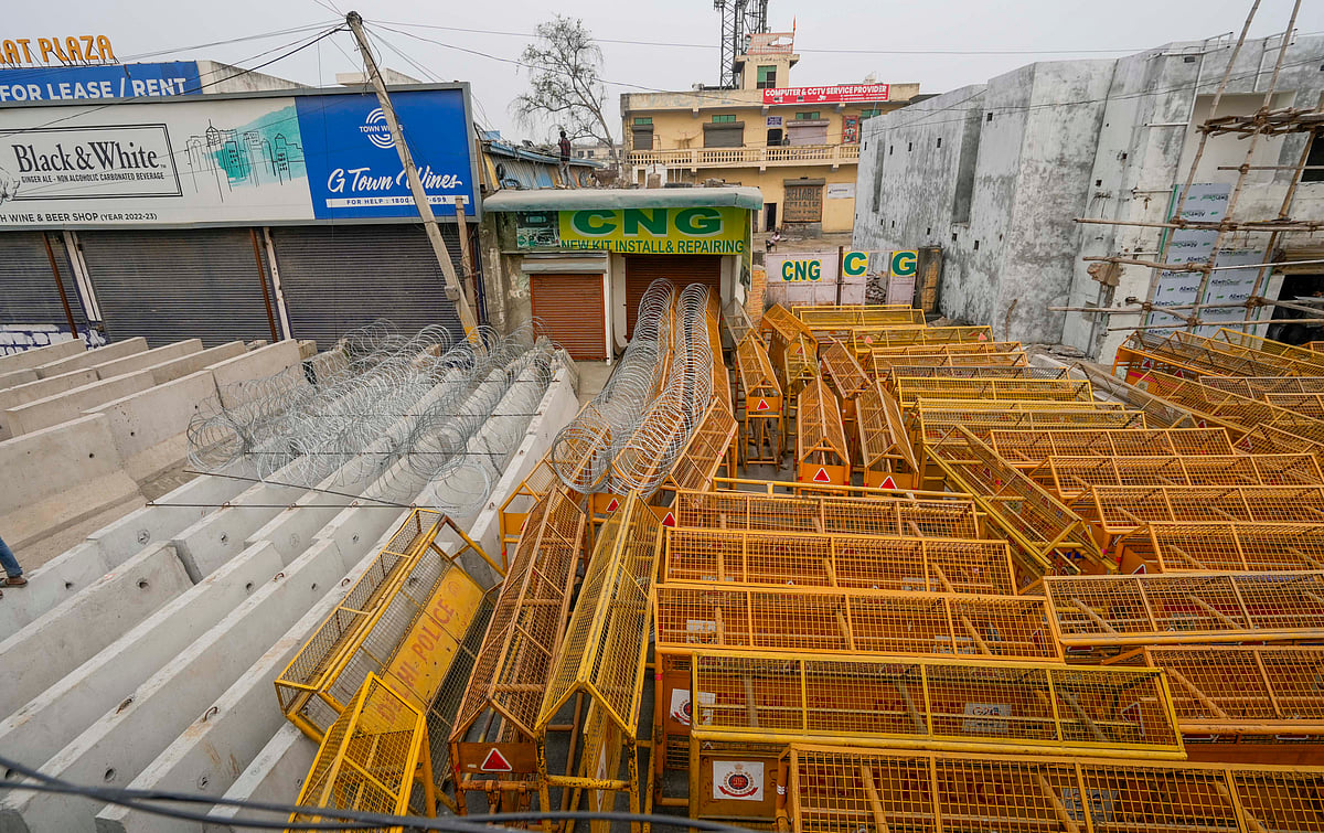 PTI : New Delhi: Multi-layered barricading in place at Singhu Border ahead of the scheduled 'Delhi Chalo' march by the protesting farmers, in New Delhi, Monday, Feb 12. 