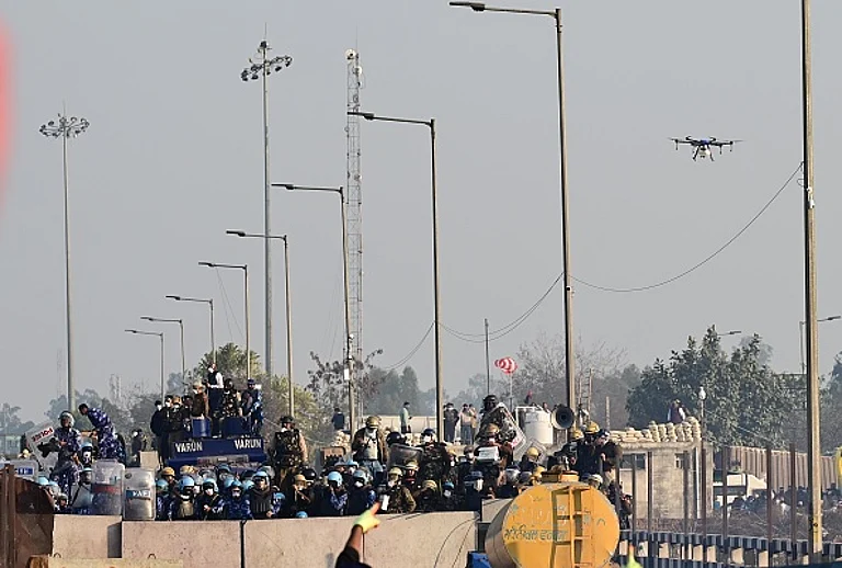 Haryana Police and Rapid action force use drone to deploy tear gas shells during farmers' protest at Shambu Border of Punjab and Haryana near Ambala, on February 14, 2024. - Getty Images
