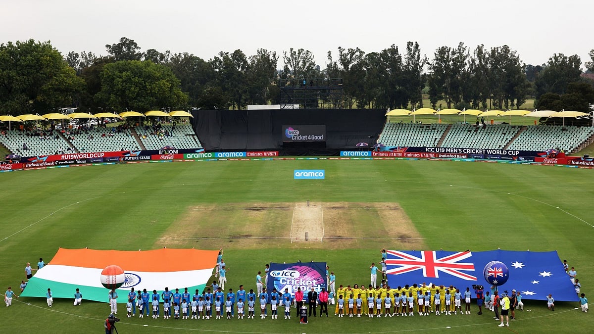 India and Australia teams line up ahead of their ICC Men's U-19 Cricket World Cup 2024 final match at Willowmoore Park in Benoni, South Africa on February 11, 2024. - ICC Photo