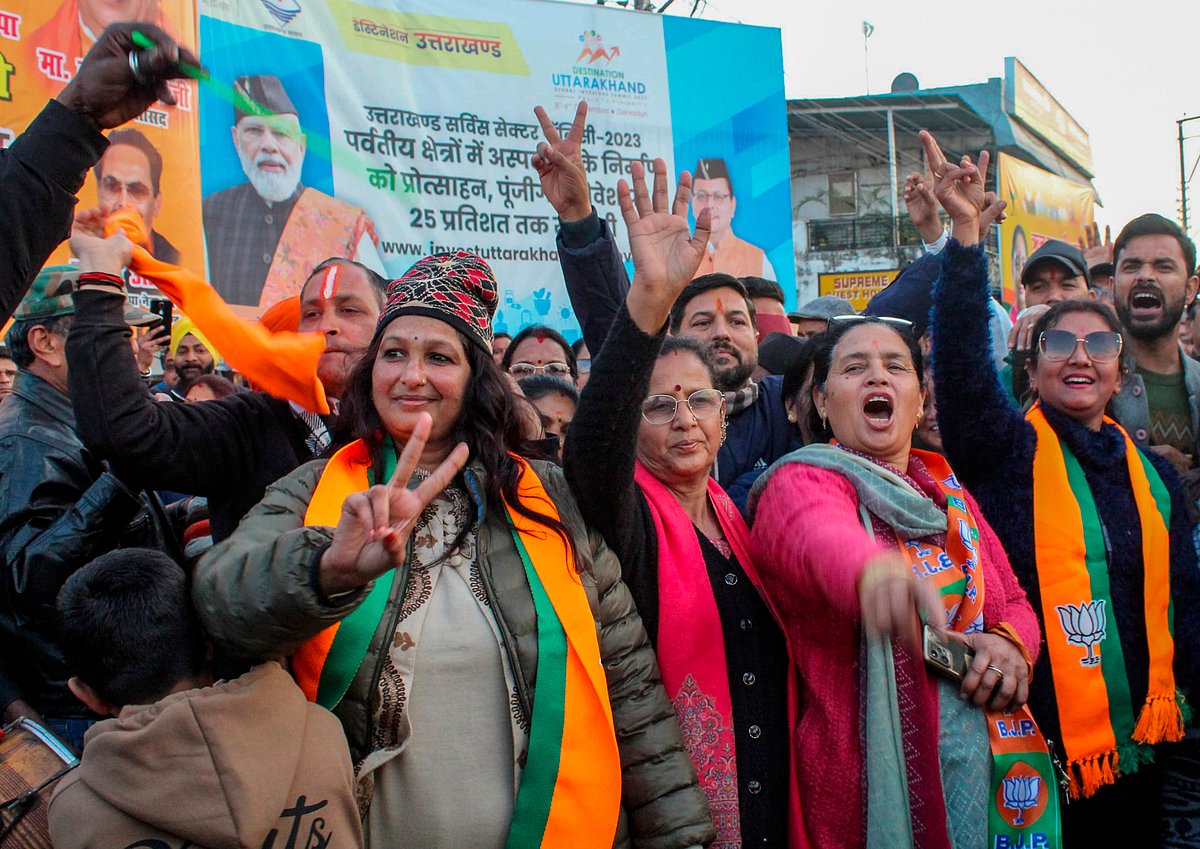BJP supporters celebrate the introduction of UCC bill during a special session of the state assembly, in Dehradun,  - PTI