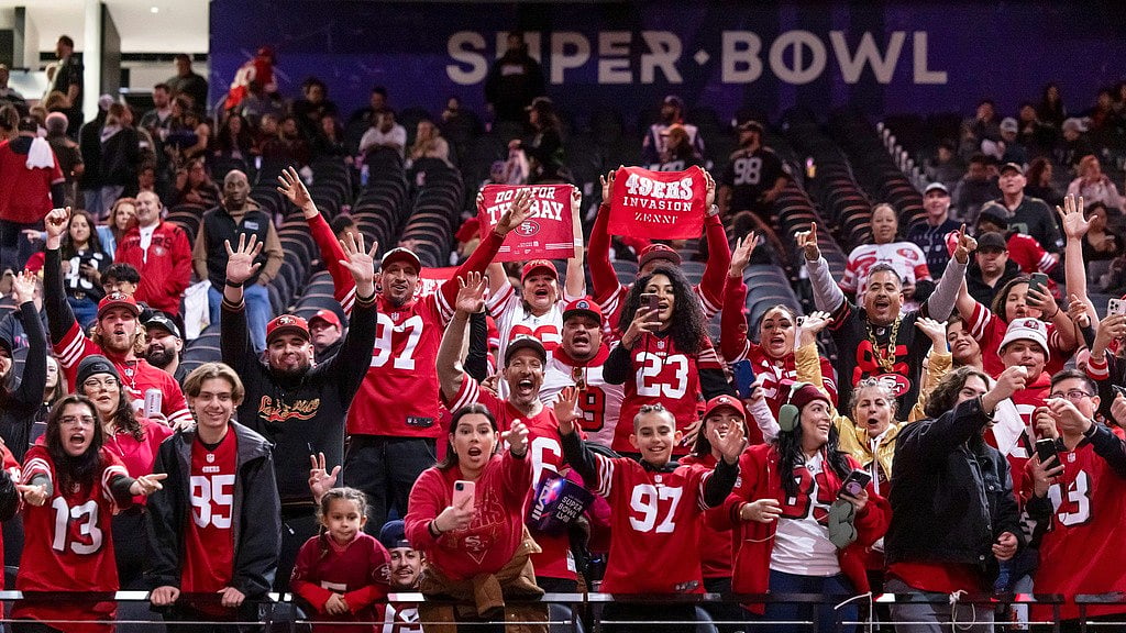 | Image: AP : Fans for the San Francisco 49ers cheer during opening night festivities for the NFL football Super Bowl 58, in Las Vegas.
