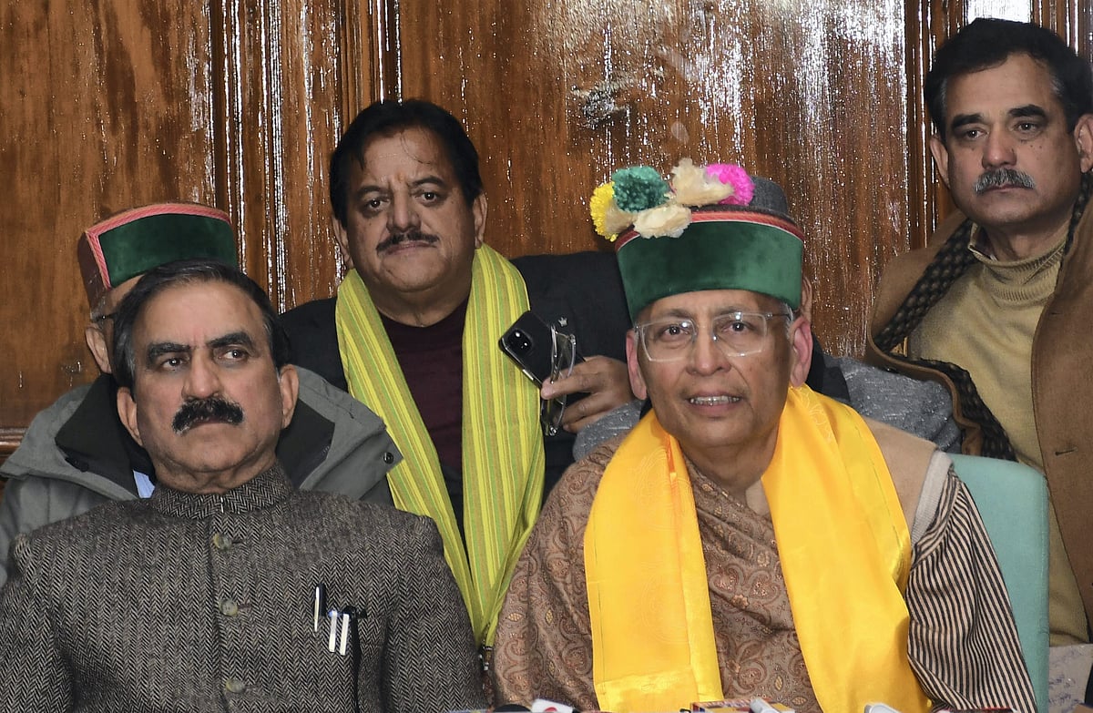 PTI  : Shimla: Himachal Pradesh Chief Minister Sukhvinder Singh Sukhu with Congress candidate Abhishek Manu Singhvi addresses a press conference after the later lost the election for the Rajya Sabha seat, in Shimla, Tuesday, Feb. 27, 2024. 


