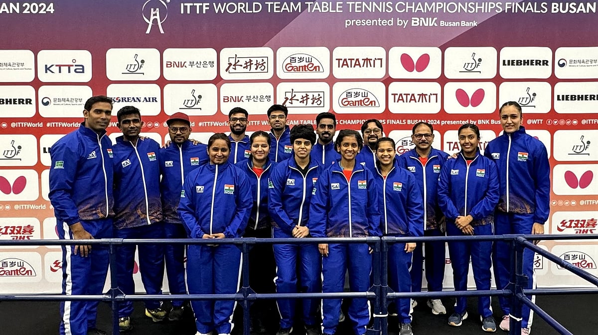 (Photo: X|@UltTableTennis)  : India National Table Tennis Team in Busan for the World Table Tennis Championships 2024. 