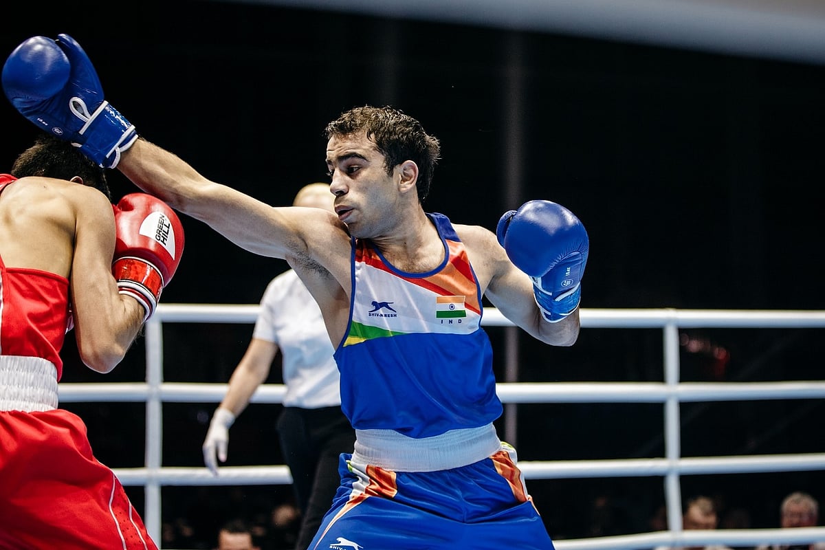 (Photo: BFI Media) : Boxer Amit Phangal in action in the Strandja Memorial