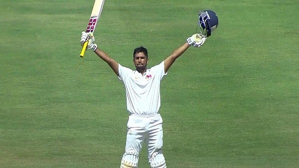 Photo Courtesy: X/ @ani_digital : Mumbai's Musheer Khan after smashing an unbeaten double hundred against Baroda in the Ranji Trophy Quarterfinals.