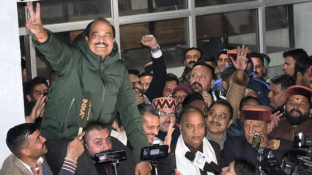 PTI : BJP candidate Harsh Mahajan celebrates after being elected as Rajya Sabha member at the Himachal Pradesh Assembly complex in Shimla |