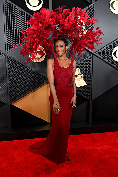 Dawn Richard wore a red Khosrov dress in the shape of a tree. 