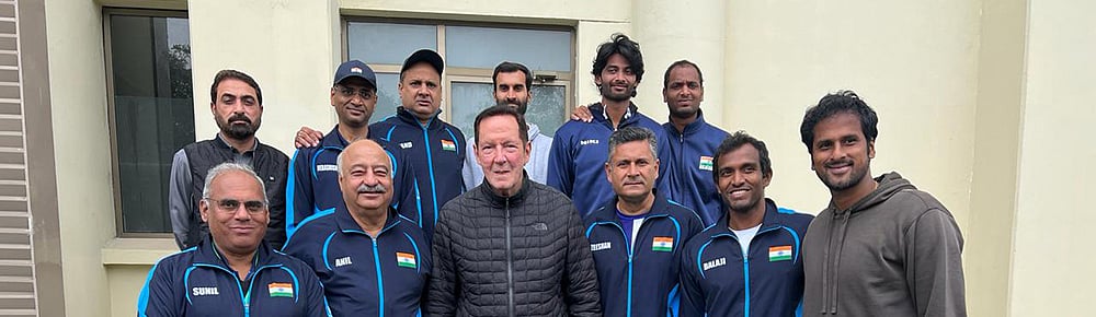 Photo: X/All India Tennis Association : The Indian Davis Cup team along with Pakistan Tennis Federation president Salim Saifullah Khan (C) pose for a picture ahead of the India vs Pakistan World Group 1 play-off tie in Islamabad.