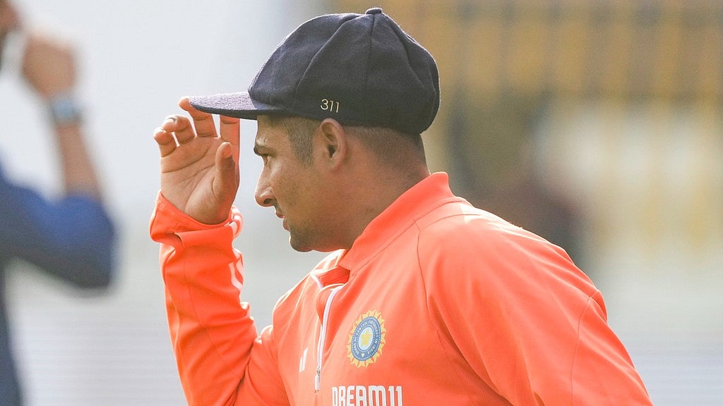 India's Sarfaraz Khan gets ready to play his first international test match on the first day of the third cricket test match between India and England in Rajkot, India, Thursday, Feb. 15, 2024.


 -  (AP Photo/Ajit Solanki)