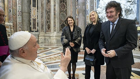 Pope Francis greets, from right, Argentine President Javier Milei, his sister and Secretary-General of the Presidency Karina Milei, and Foreign Minister Diana Mondino prior to the start of the canonization mass of Mama Antula.