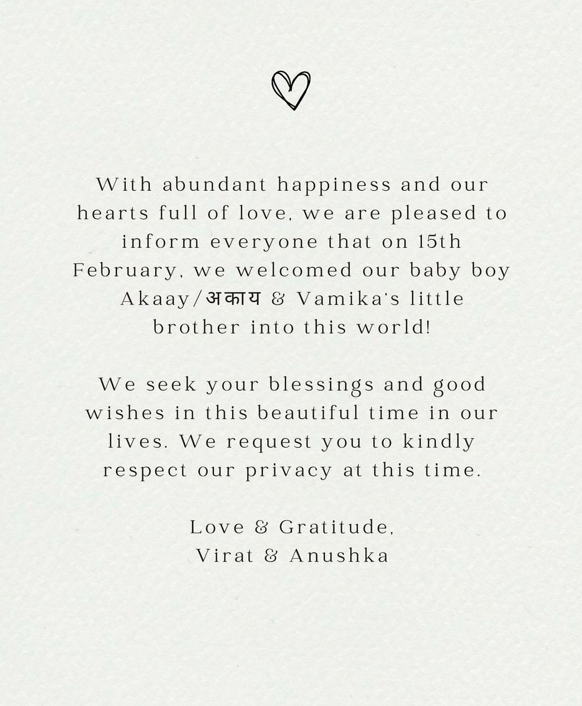 Virat Kohli and Anushka Sharma are parents again.