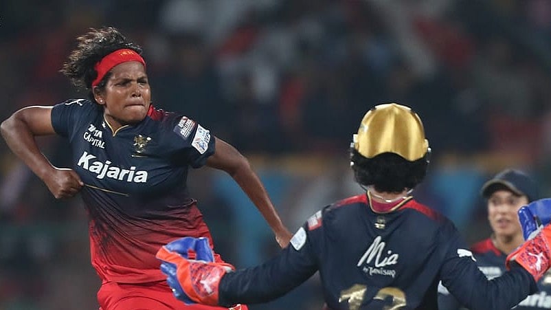 Asha Shobhana celebrates RCB's win over UP warriorz, in Women's Premier League 2 February 24, Saturday, 2024.  - null