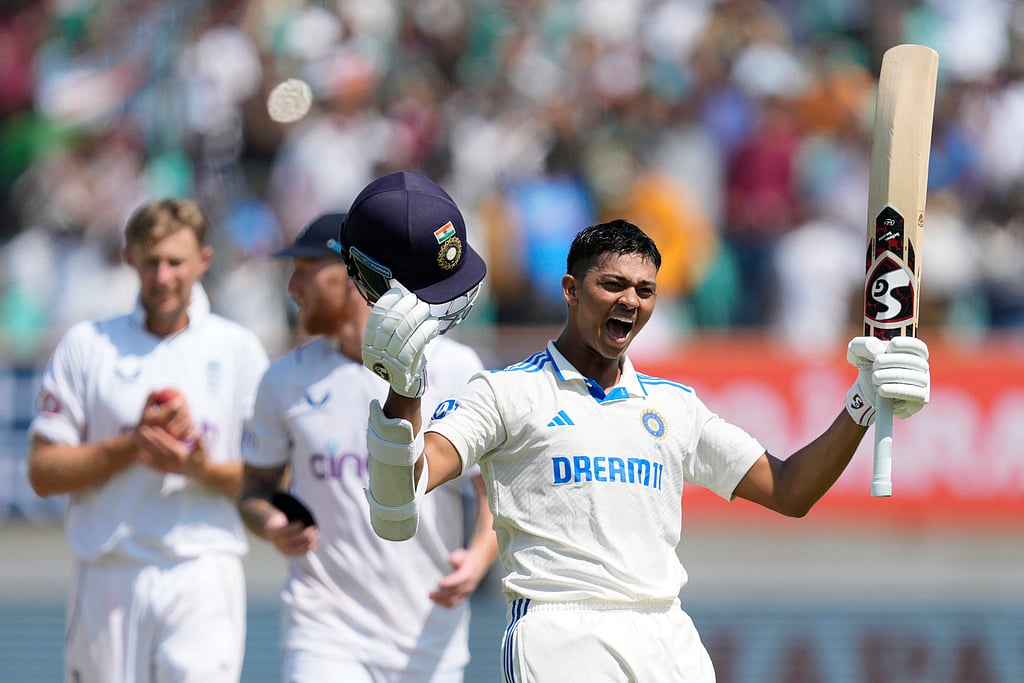 Yashasvi Jaiswal celebrates his double century on Day 4 of the third India vs England Test in Rajkot. - AP/Ajit Solanki