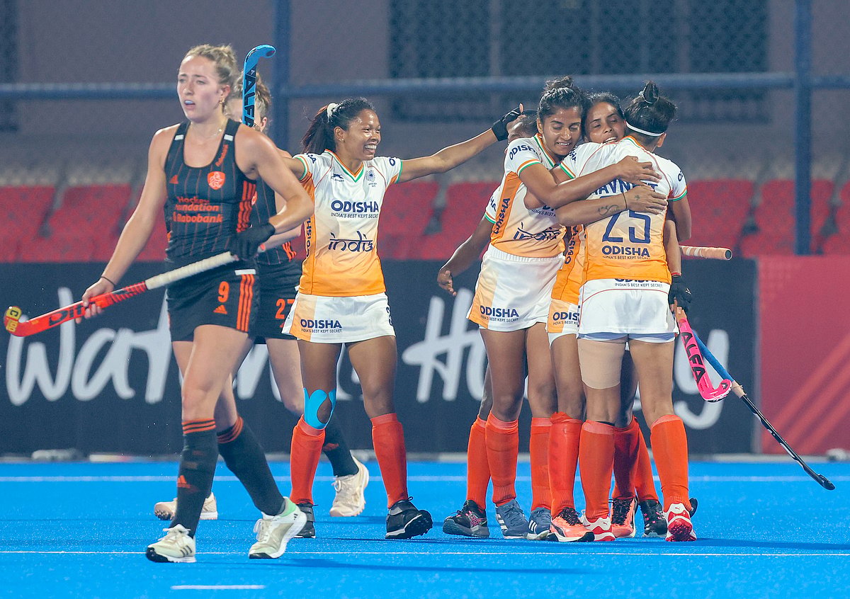 Photo: Hockey India : India celebrate a goal by Navneet Kaur against Netherlands during their Women's FIH Pro League 2023-24 match in Bhubaneswar.
