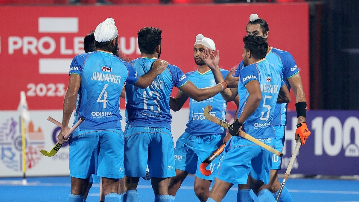 Photo: Hockey India : The Indian men's hockey team in action at the FIH Pro League 2023-24 in Bhubaneswar.