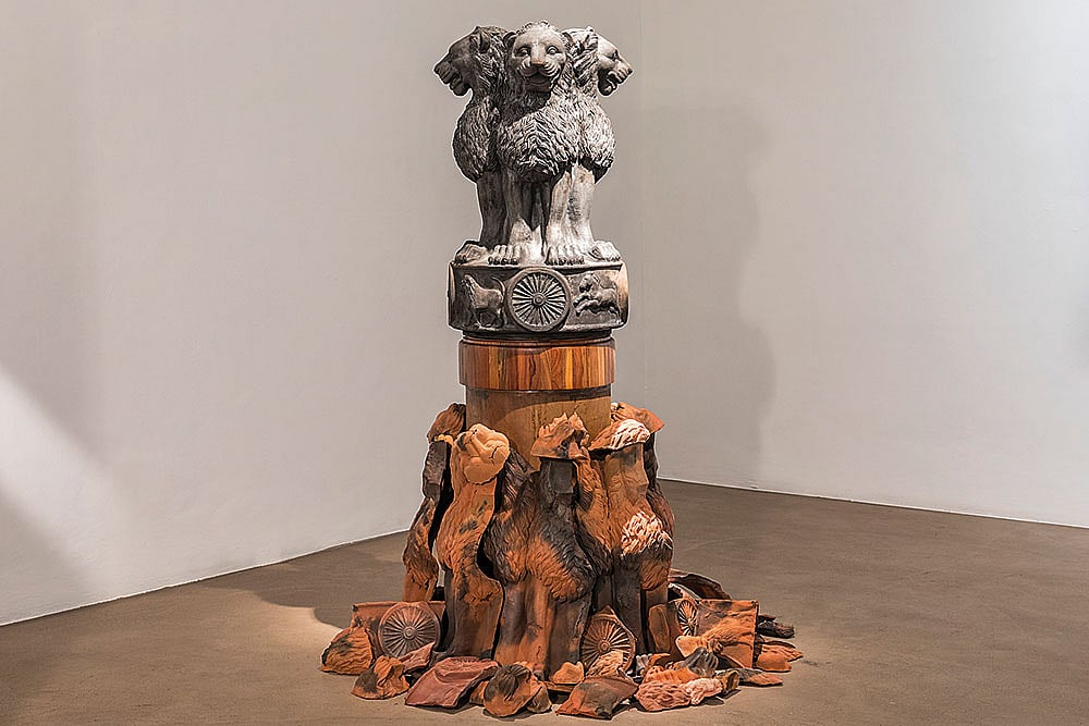 Photo: Vadhera Art Gallery : Ode to Truth: ’Salutes’, artwork by Riyas Komu.