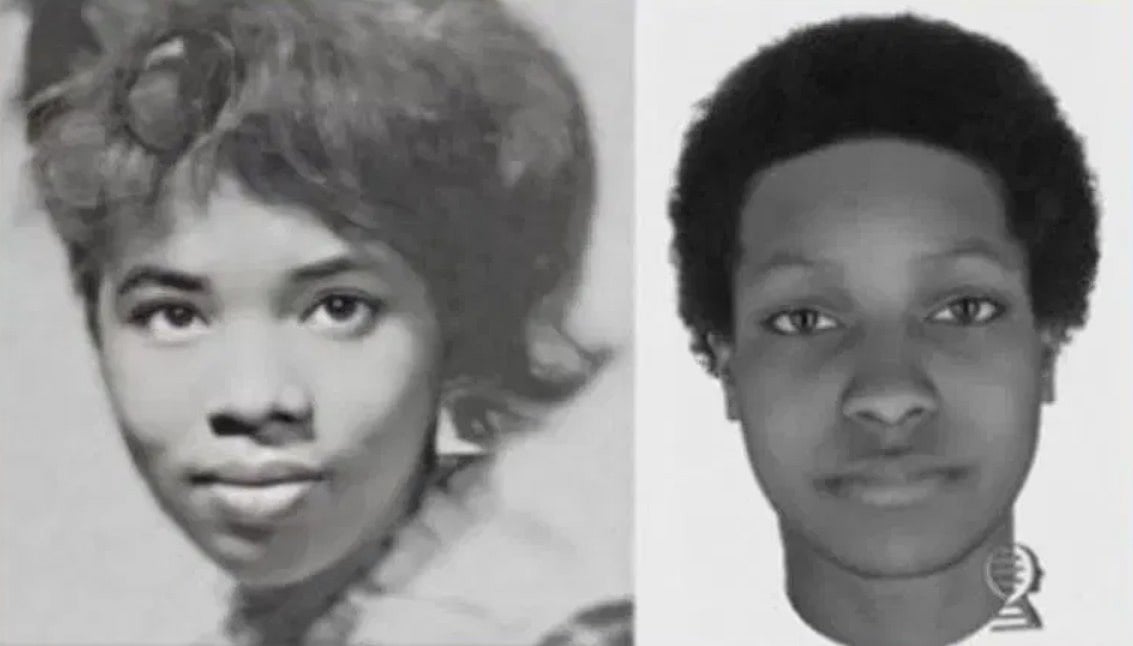 Oregon State Police : A side-by-side of Sandra Young. On the left is her yearbook photo. On the right is a forensic approximation.