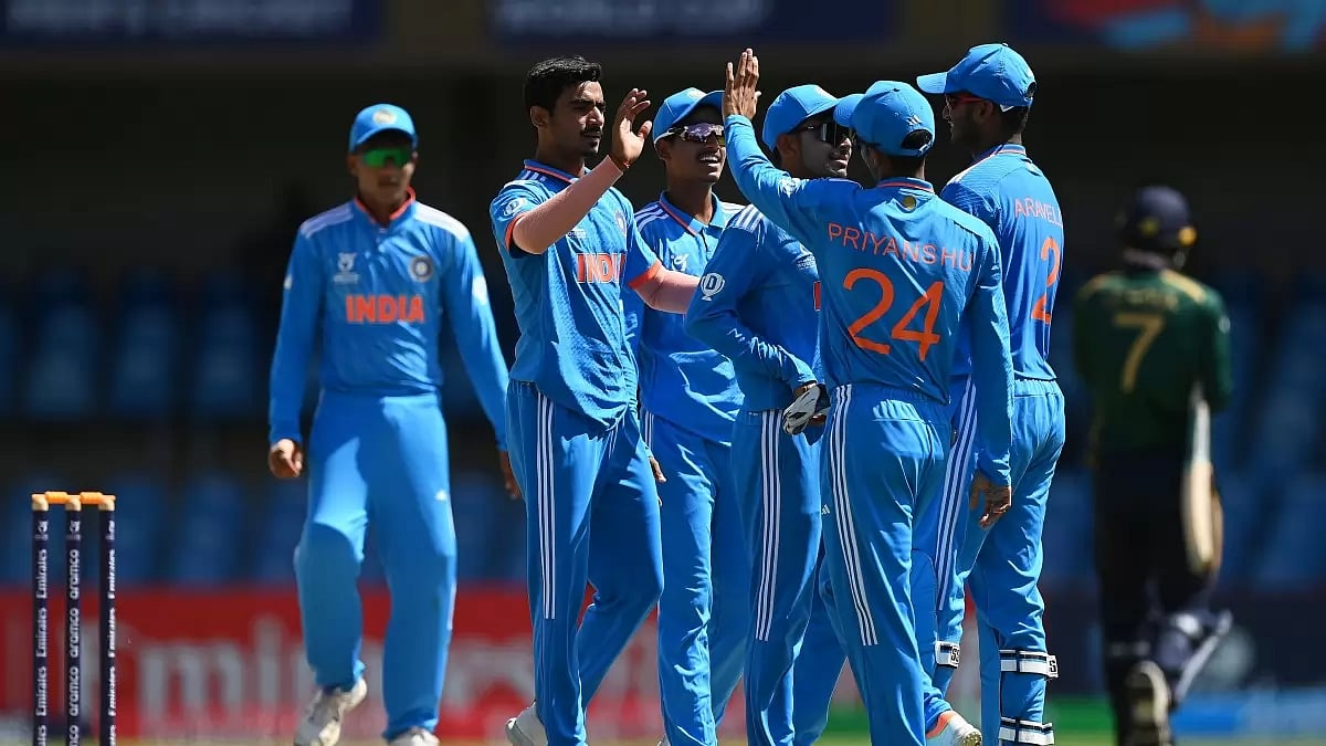 Photo: ICC : India celebrate a wicket during their match against Ireland at the ICC Under-19 Men's Cricket World Cup 2024.