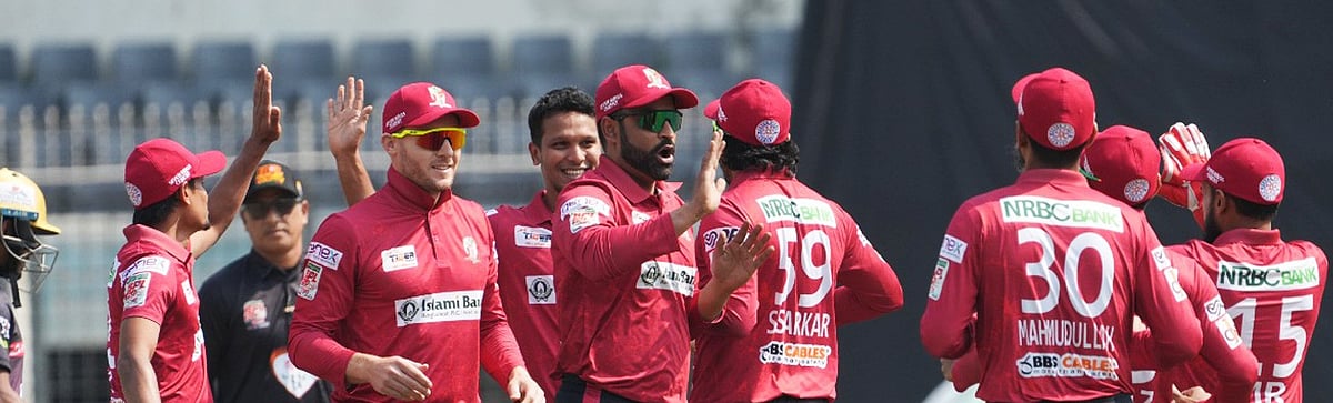 (Photo: X|Bangladesh Cricket)  : BPL team Fortune Barishal celebrates their win over Chattogram Challengers in the playoff match on February 26, Monday, 2024. 