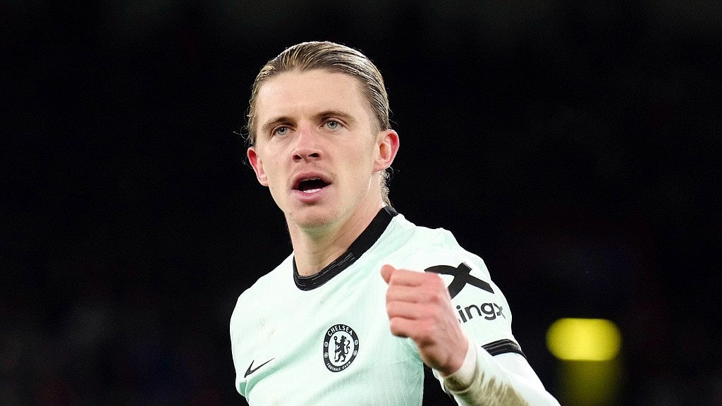 Photo: John Walton/PA via AP : Conor Gallagher celebrates scoring his side's first goal during the English Premier League 2023-24 football match between Crystal Palace and Chelsea, at Selhurst Park in London.