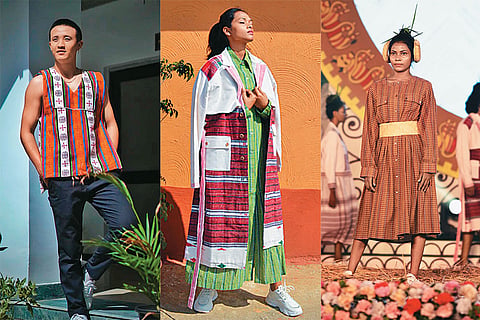 A model in design house Oro Bruk’s Arunachali outfit; (middle, right) Sustainable fashion label Johargram picks local talent as models