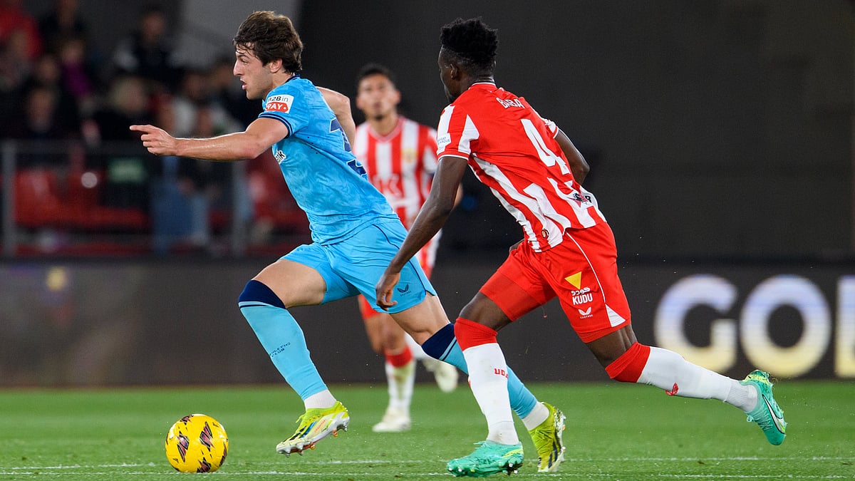 Photo: X/Athletic Club : Action from the La Liga 2023-24 football match between Almeria and Athletic Bilbao at the Power Horse Stadium in Spain.